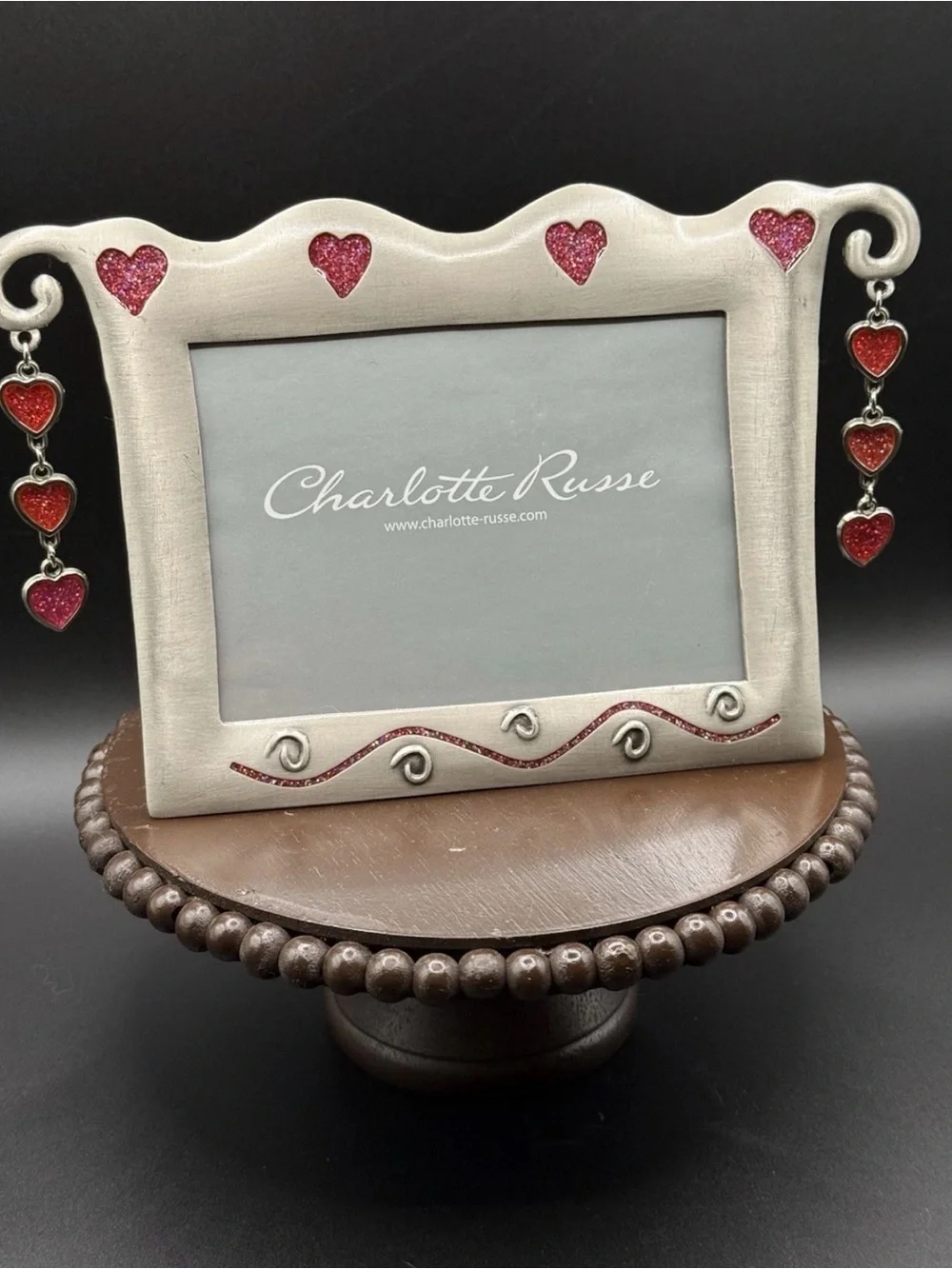 CUTE VTG 4x6 CHARLOTTE RUSSE PICTURE FRAME Glitter Dangling Hearts Pewter